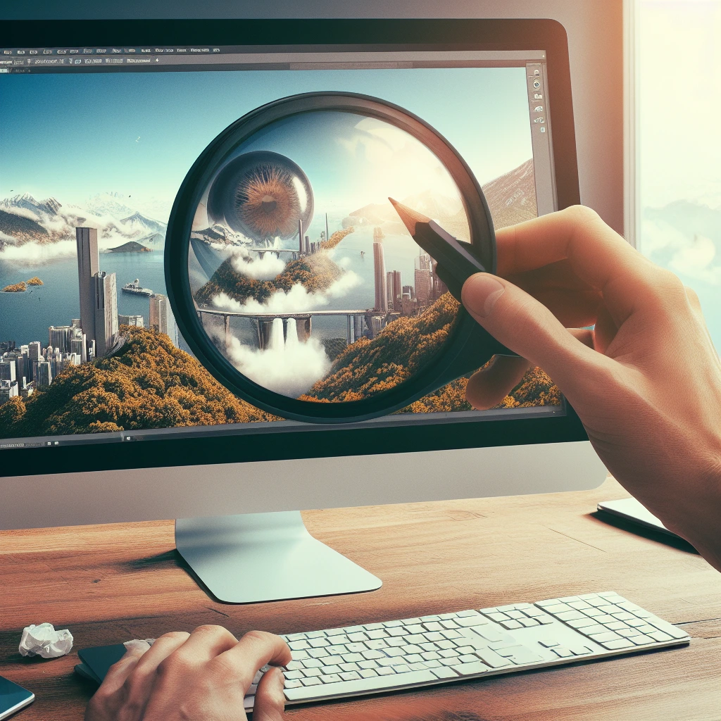 Mains au-dessus d'un clavier avec une loupe zoomant sur un paysage de collines, ville et chute d'eau à l'écran, symbolisant la découverte et l'exploration dans le monde du développement web.