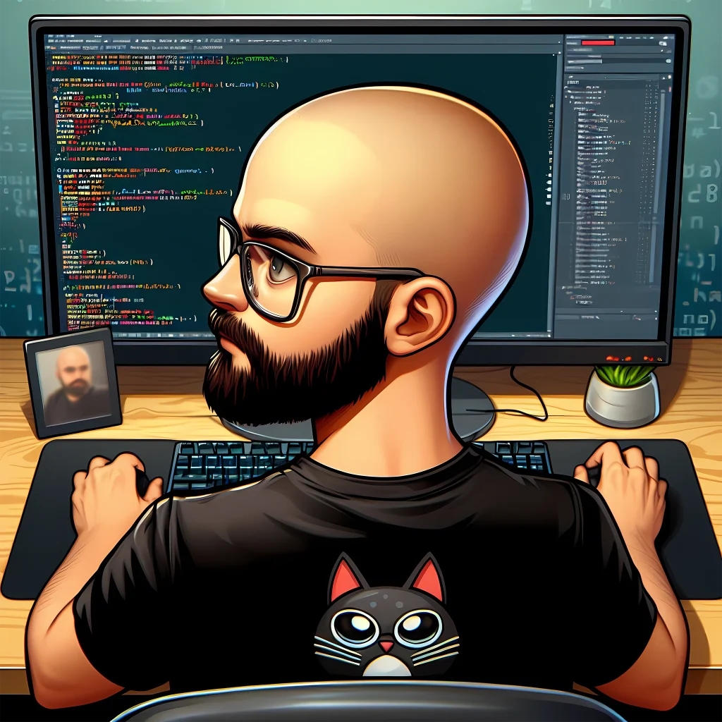 Développeur web chauve avec des lunettes et une barbe, devant un écran affichant du code.