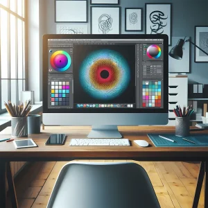 Illustration en digital painting : Un bureau professionnel avec un clavier, une souris et des pots de crayons de couleur. Sur l'écran de l'ordinateur, un logiciel de création graphique est visible.