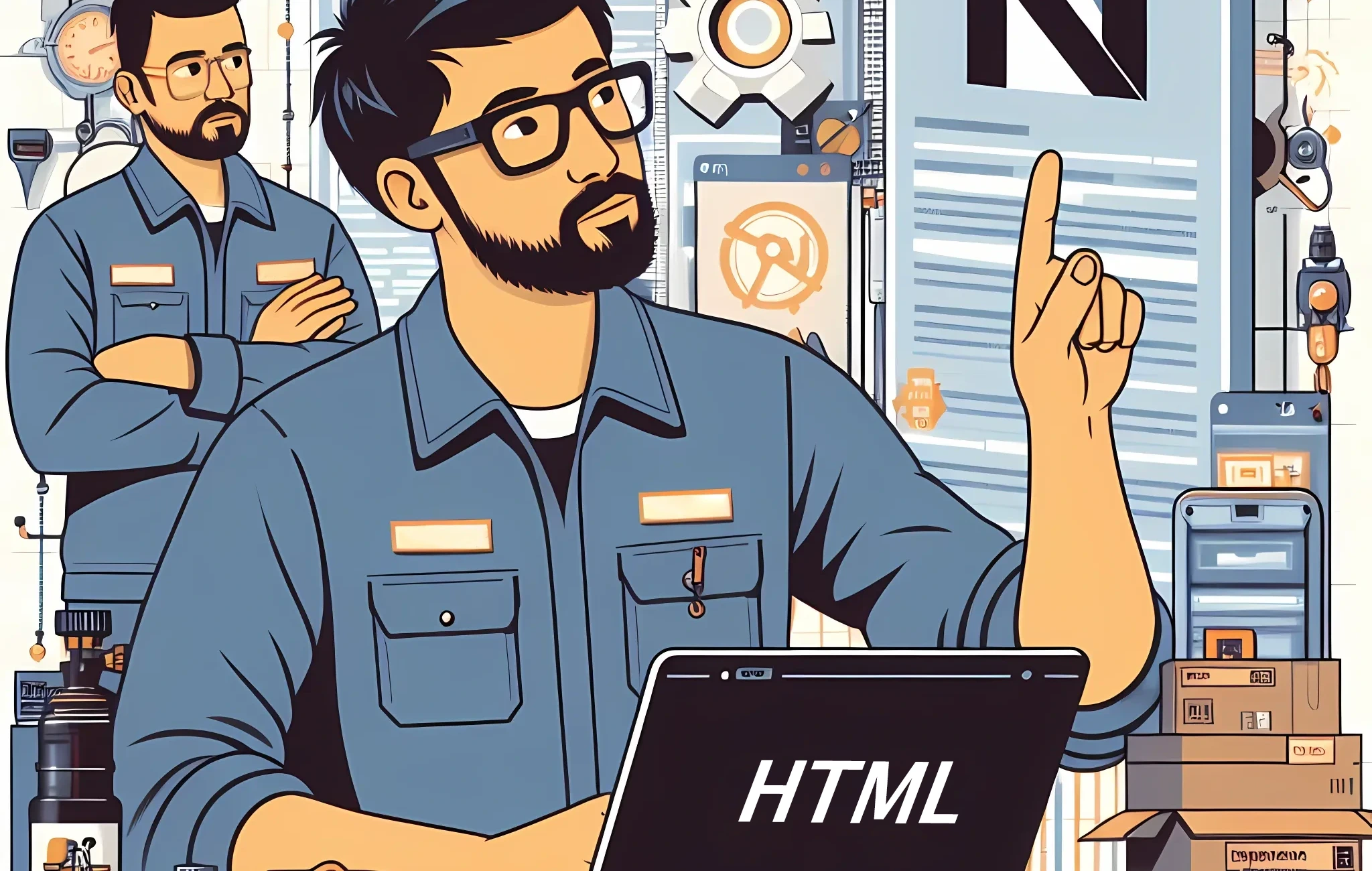 Dessin de deux hommes en tenue de travail réfléchissant à une tâche. L'homme au premier plan est devant un ordinateur portable avec "HTML" écrit sur la façade. Il a l'index gauche levé.