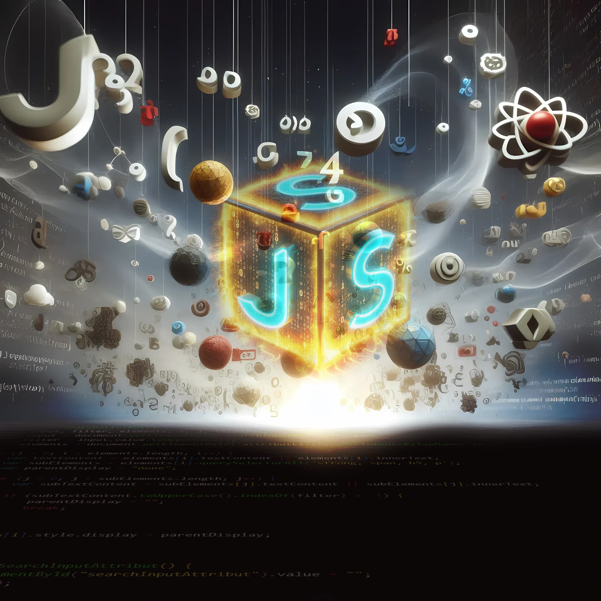 Illustration d'un cube jaune lumineux flottant dans le ciel avec les lettres "JS" en bleu sur ses faces. Au sol, du code JavaScript est visible, et des formes flottent autour du cube.