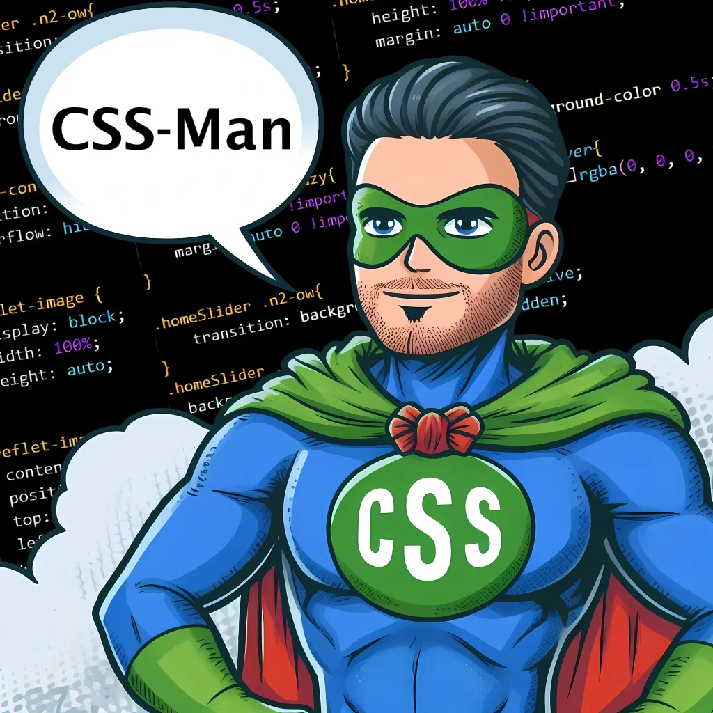 Dessin d'un homme masqué en costume vert, bleu, et rouge avec un logo CSS au centre. Une bulle de dialogue l'identifie comme "CSS-Man". En arrière-plan, un ensemble de code CSS est visible.