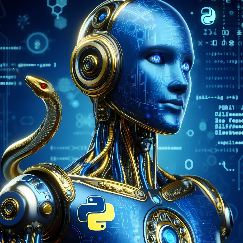 Illustration d'un robot humanoïde bleu aux contours dorés et au visage très humain. Un serpent sort de son épaule, et le logo Python est visible sur la partie droite de sa poitrine.