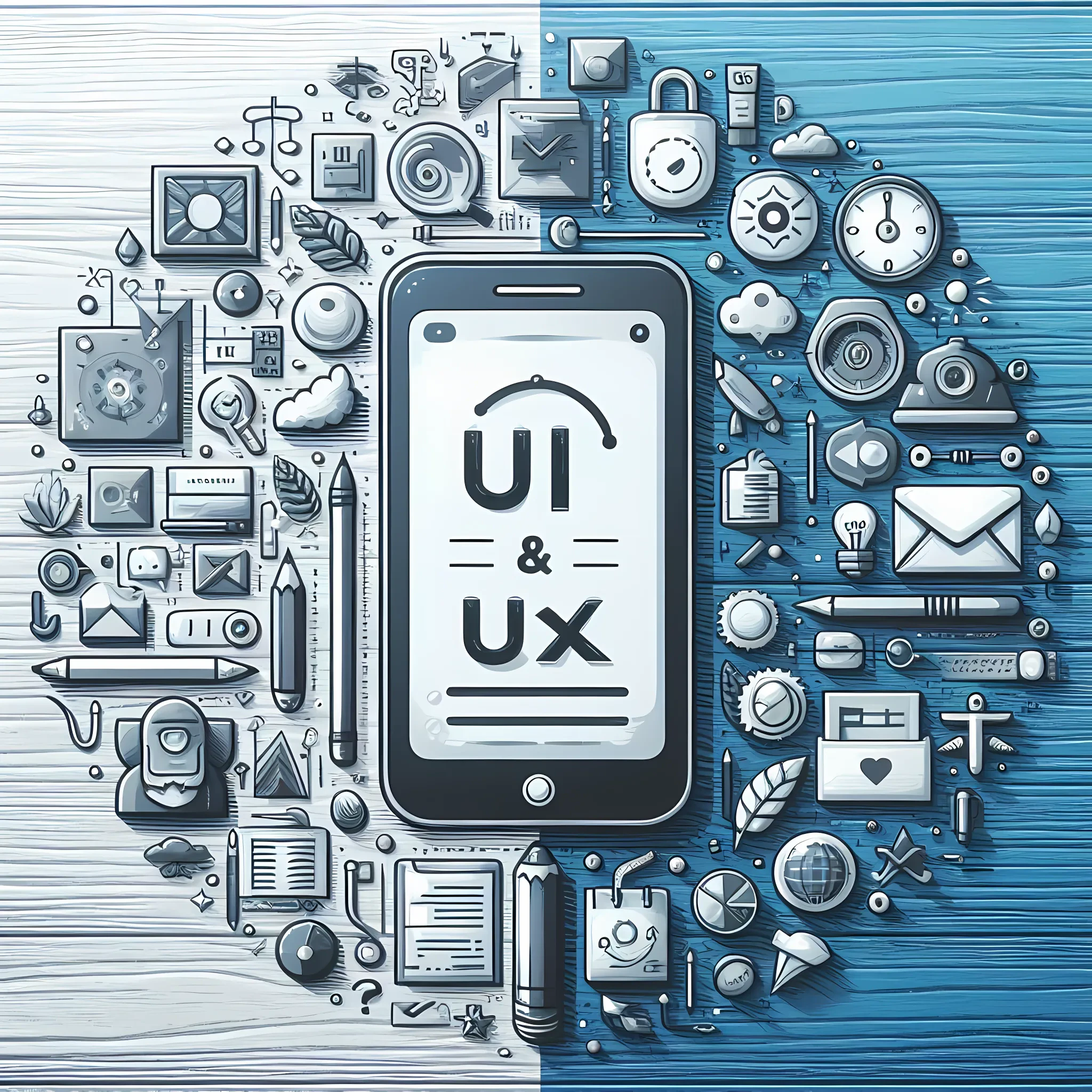 Dessin d'un smartphone avec le texte "UI & UX" à l'intérieur, entouré en cercle d'objets en noir et blanc : cadenas, stylos, crayons, cadres, lettres, agendas, règles, etc. Le fond en bois est scindé verticalement en deux couleurs, à gauche blanc et à droite bleu.