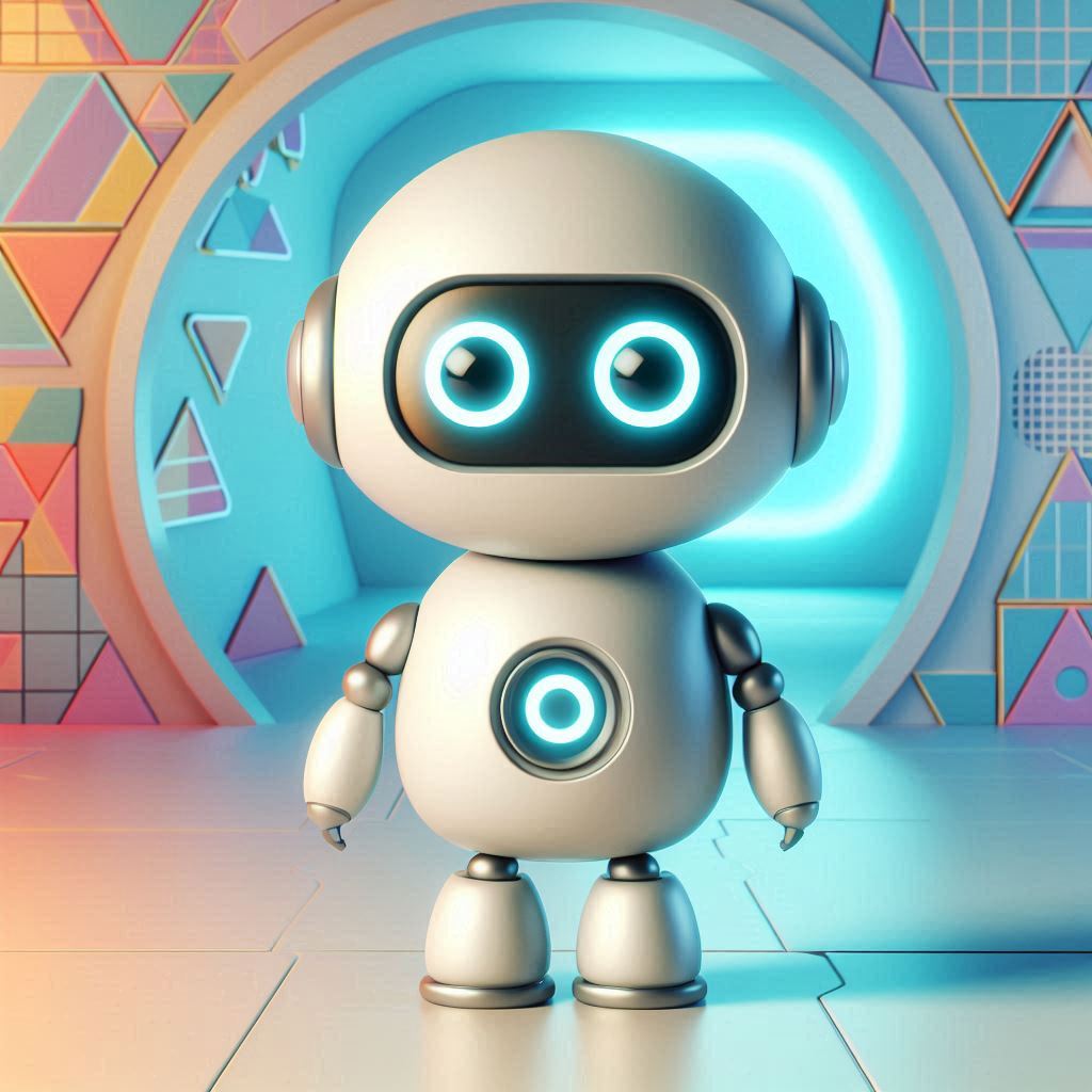 Illustration d'un petit robot blanc avec des yeux bleus brillants et un rond bleu sur le ventre, devant un décor pastel allant du bleu ciel au rose.