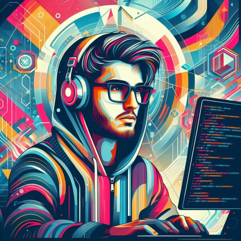 Dessin multicolore et psychédélique d'un homme en train de coder. L'ensemble de l'illustration est vibrant et coloré.