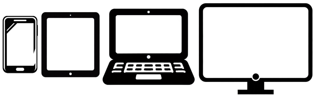 Illustration des tailles d'écran, montrant quatre écrans alignés horizontalement du plus petit au plus grand : un smartphone, une tablette, un ordinateur portable, et un écran d'ordinateur de bureau.