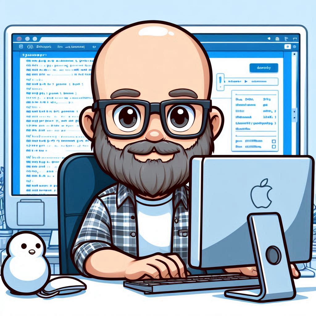 Dessin d'un homme chauve portant des lunettes et une barbe, travaillant sur un ordinateur Apple, avec un écran affichant du code derrière lui.