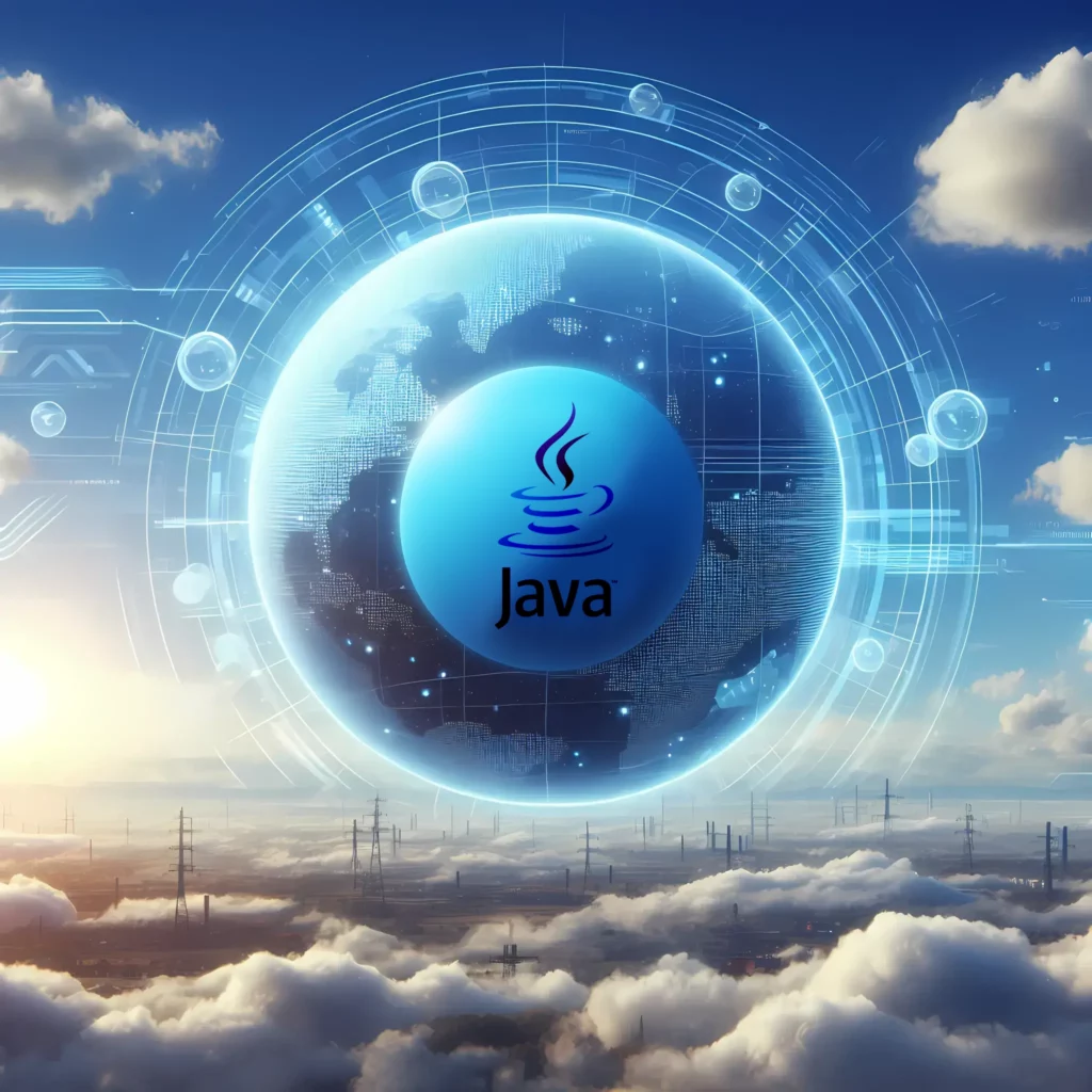 Ciel bleu au-dessus des nuages, avec une Terre numérique affichant le logo Java au centre.